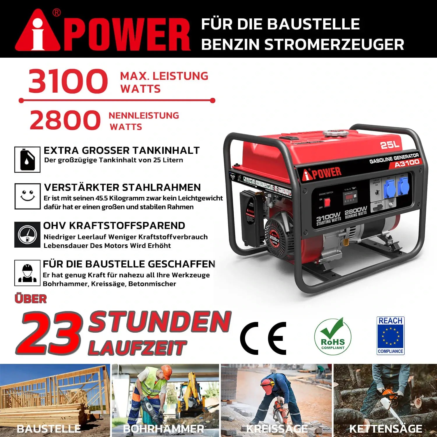 2800W A-iPower Stromerzeuger Benzin A3100